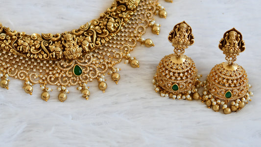 Antique gold tone bold look cz green lakshmi-elephant-peacock choker necklace set dj-49466