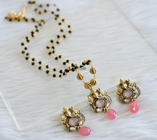 Antique black karimani chain with cz white -baby pink ganesha victorian pendant set dj-44215