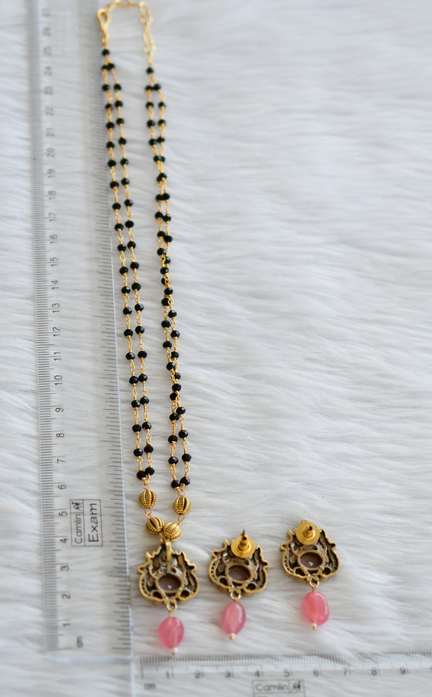 Antique black karimani chain with cz white -baby pink ganesha victorian pendant set dj-44215