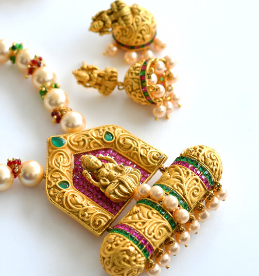 Matte Finish Ruby-emerald Pearl beaded Lakshmi Necklace Set-dj02949