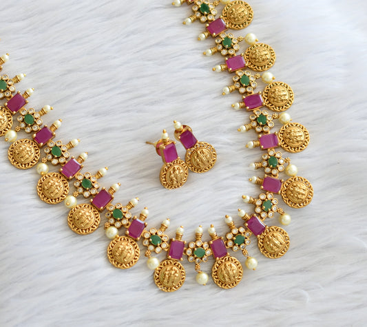 Matte finish ruby-green-white pearl ram parivar coin short haar set dj-45985