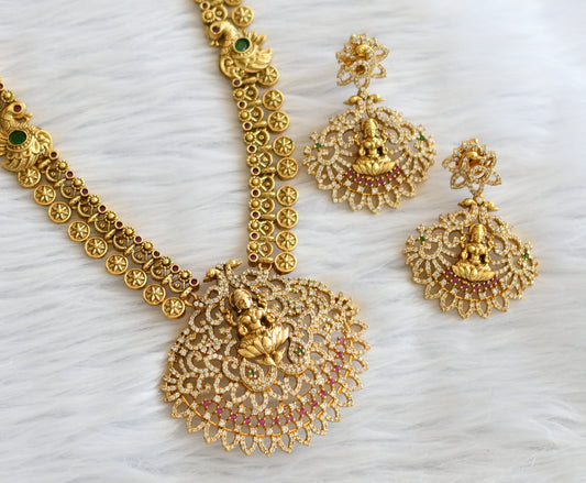 Matte finish cz ruby-green-white peacock lakshmi necklace set dj-45980