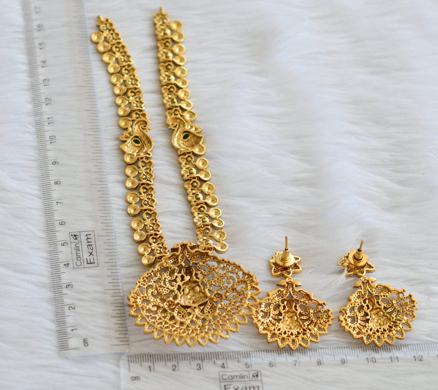 Matte finish cz ruby-green-white peacock lakshmi necklace set dj-45980