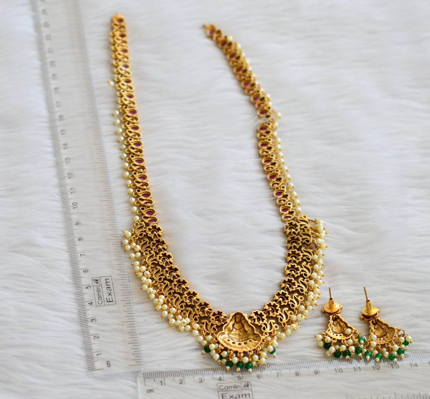 Matte finish kemp-green pearl gutta pusalu lakshmi mango haar set dj-45986