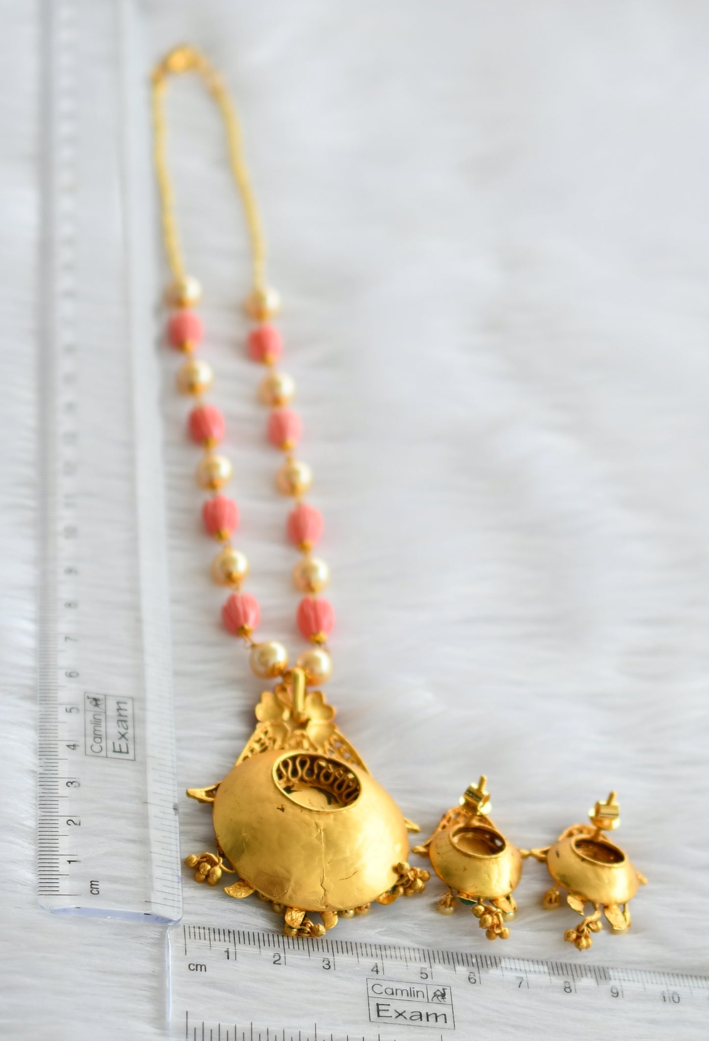 Antique gold tone replica pink-green-pearl tulip bead necklace set dj-44230