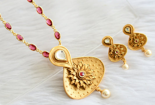 Antique gold tone magenta pink stone chain replica necklace set dj-44242