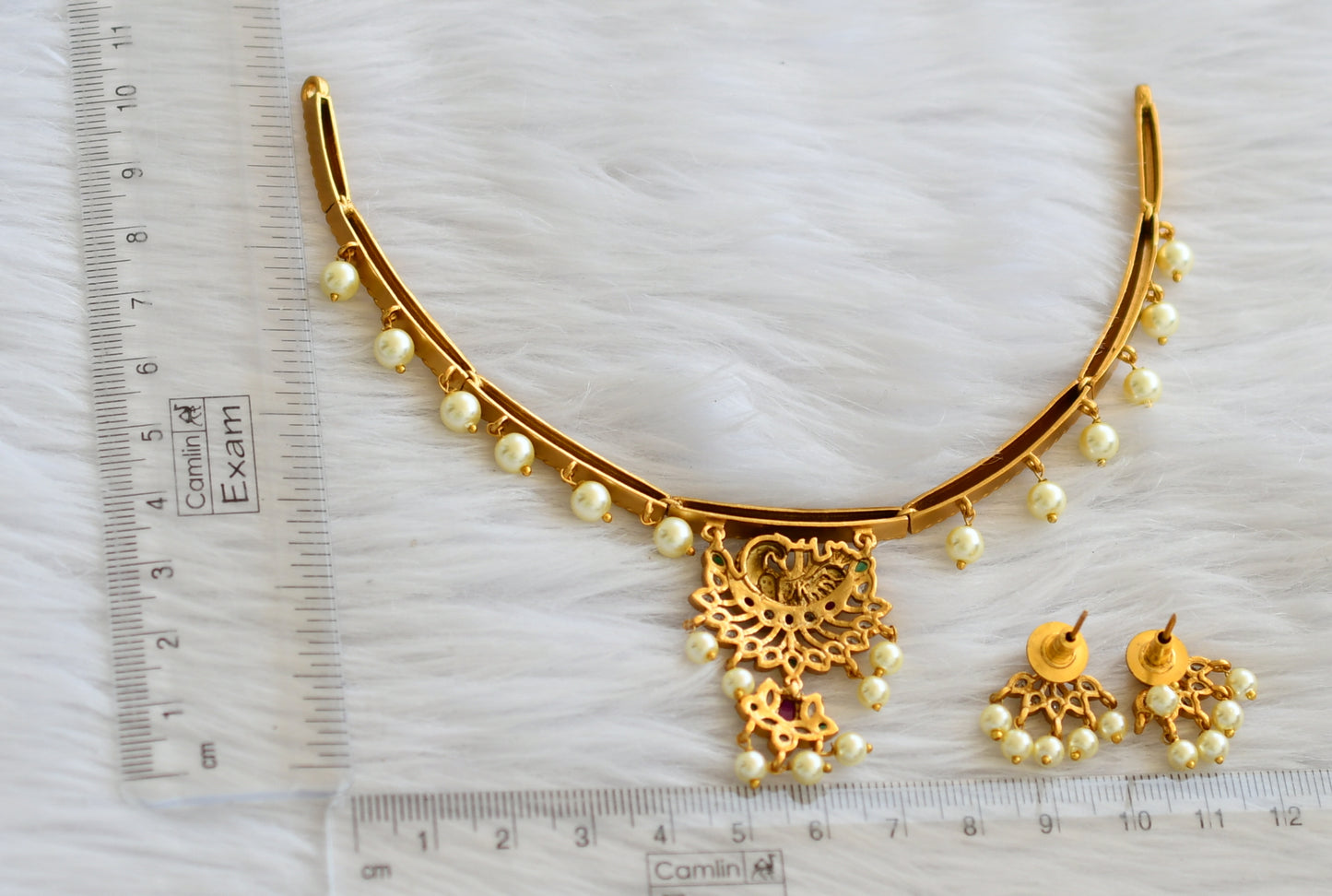 Matte finish kemp-green-white pearl peacock hasli necklace set dj-45977