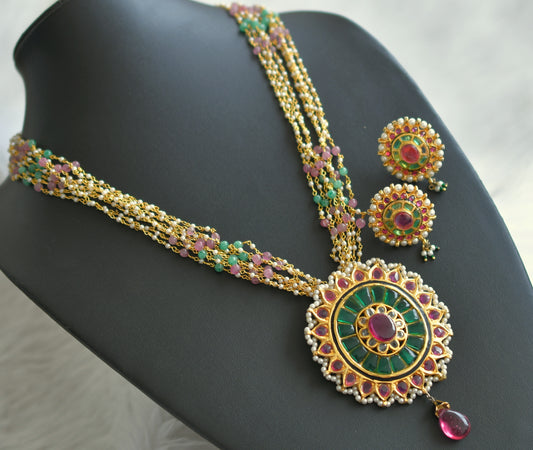 Gold tone pink-green-white pearl replica uncut polki round necklace set dj-44223