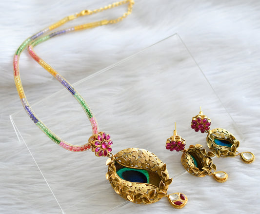 Antique gold tone multi color chain replica pink peacock feather necklace set dj-44241