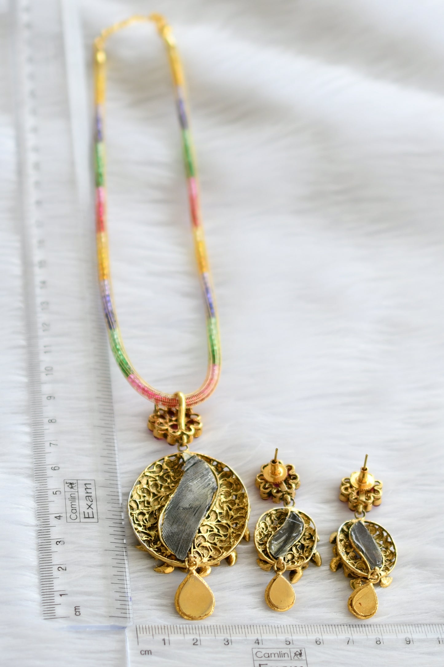 Antique gold tone multi color chain replica pink peacock feather necklace set dj-44241