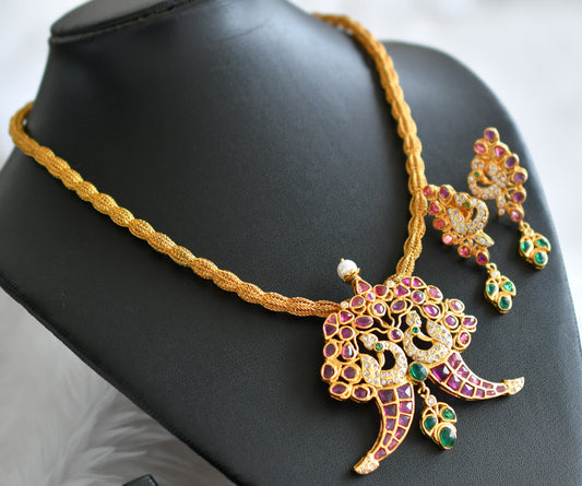Gold tone pink-green-white peacock replica uncut polki necklace set dj-44224