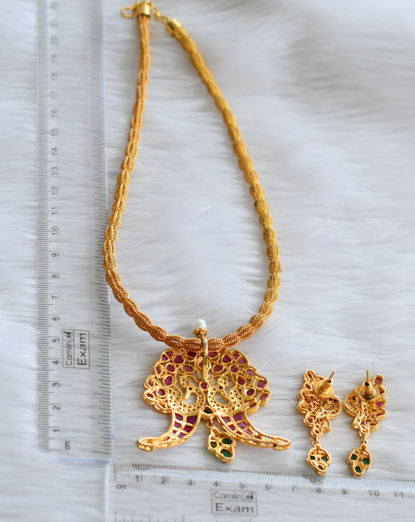 Gold tone pink-green-white peacock replica uncut polki necklace set dj-44224