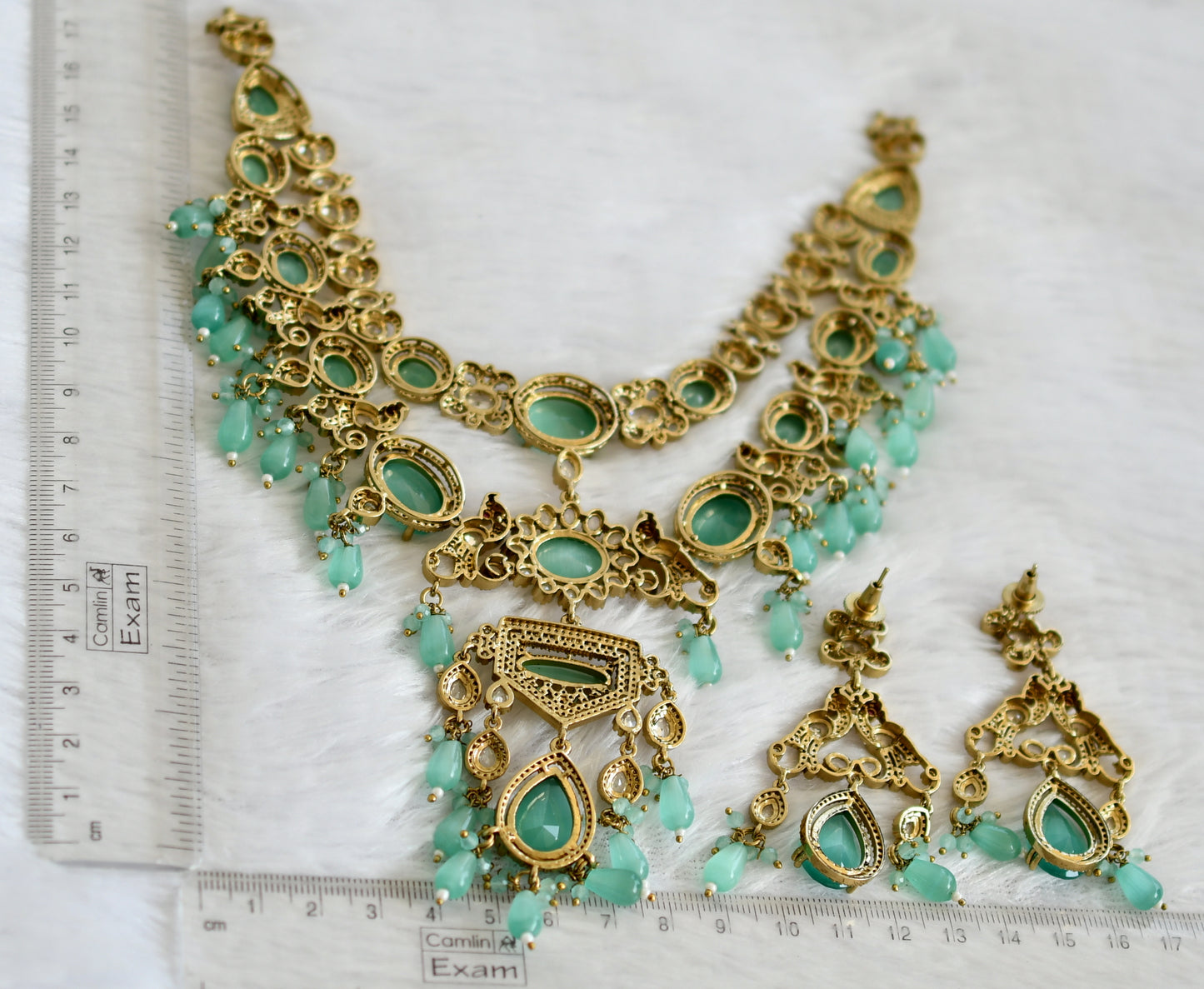 Antique cz-sea green peacock double layer victorian necklace set dj-49460