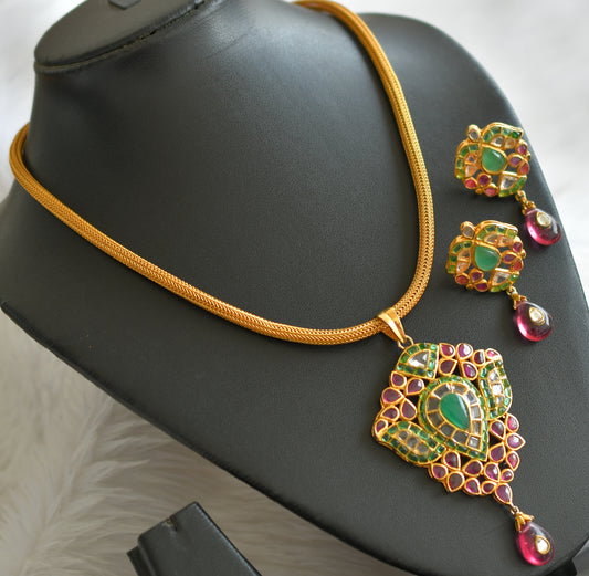 Gold tone pink-green-white replica uncut polki necklace set dj-44222