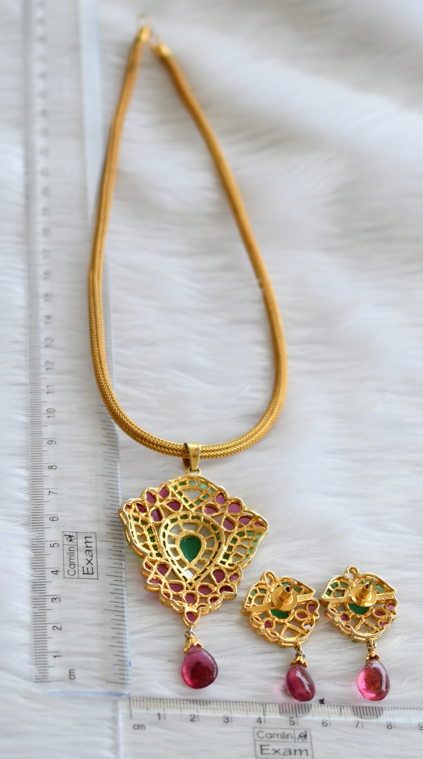 Gold tone pink-green-white replica uncut polki necklace set dj-44222