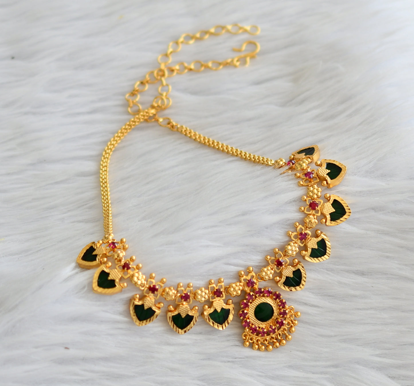 Gold tone kerala style pink-green palakka necklace dj-46000