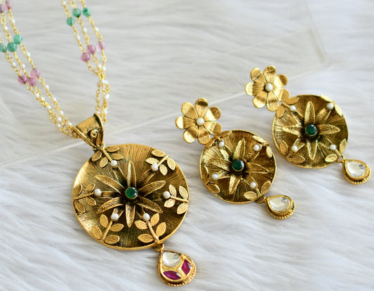 Antique gold tone pink-green-pearl replica necklace set dj-44238