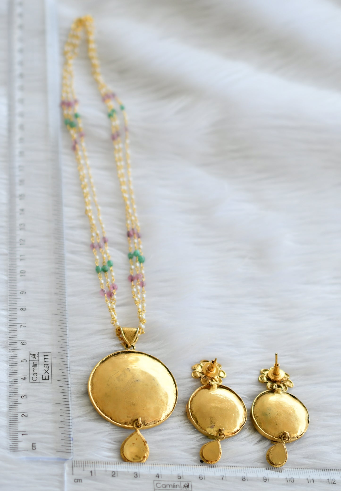 Antique gold tone pink-green-pearl replica necklace set dj-44238