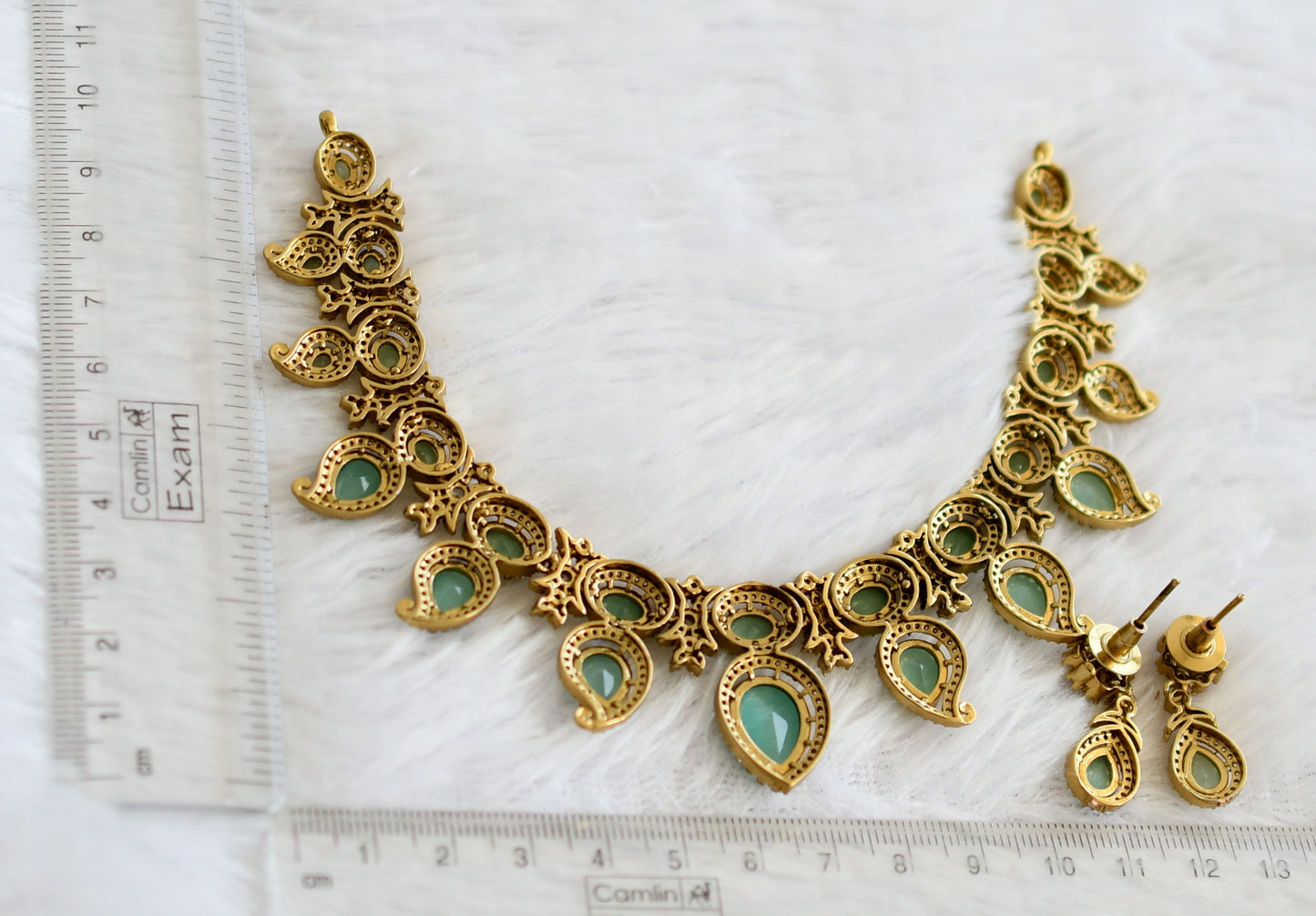 Antique cz-sea green stone mango victorian necklace set dj-49442