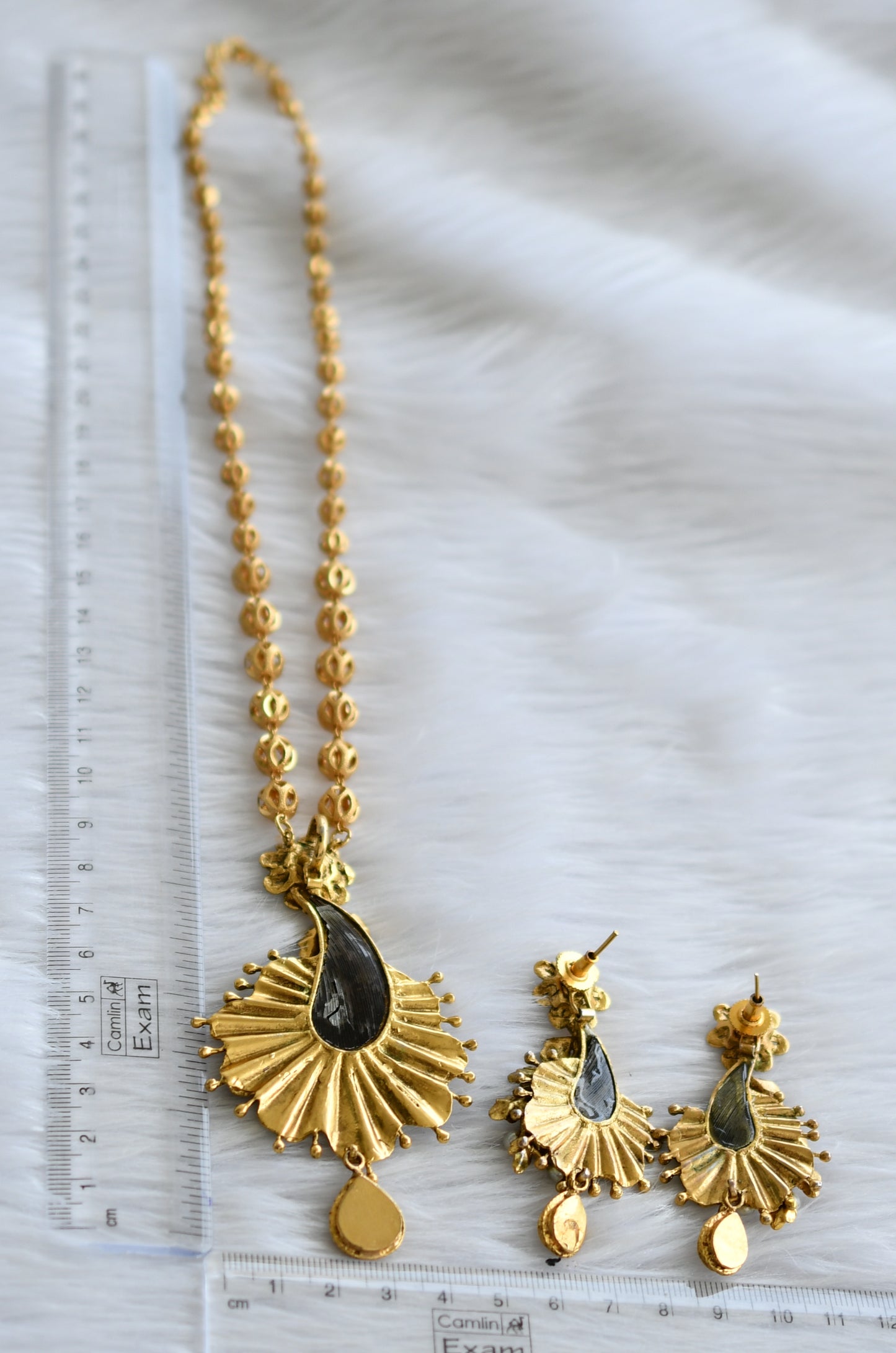 Antique gold tone replica pink-green-pearl peacock feather necklace set dj-44244