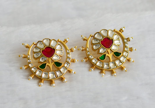 Gold tone pink-white-green Rose kundan jadau pearl earrings dj-41683