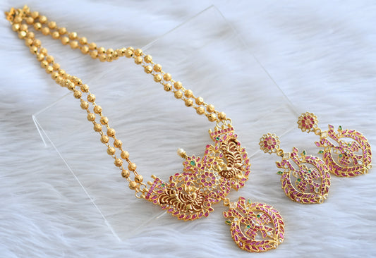 Gold tone real kemp-green-white replica uncut polki stone peacock necklace set dj-44221