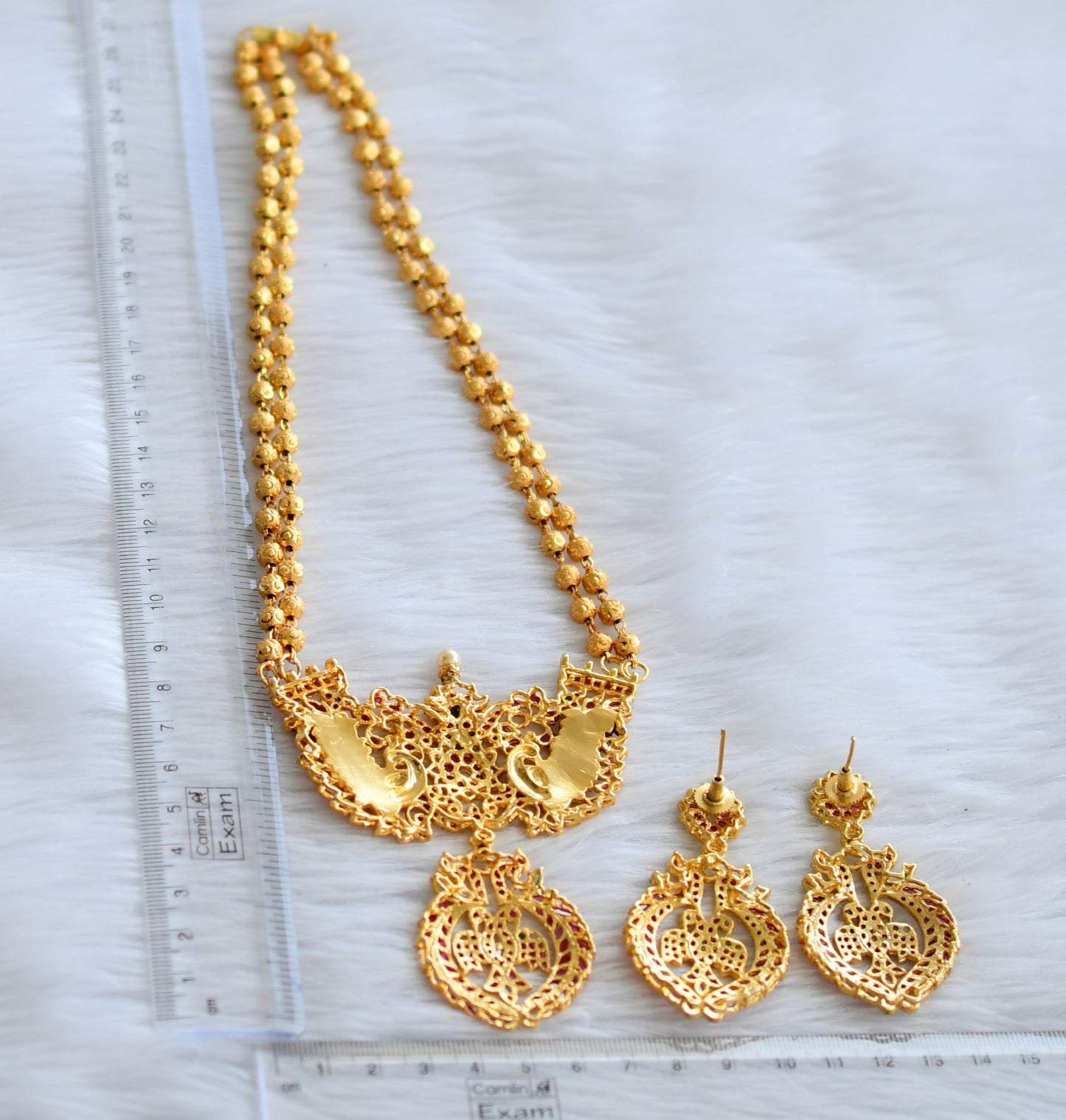 Gold tone real kemp-green-white replica uncut polki stone peacock necklace set dj-44221