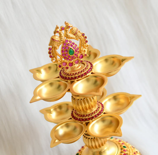Matte finish ruby-emerald stone peacock diya/deepam stand dj-44250