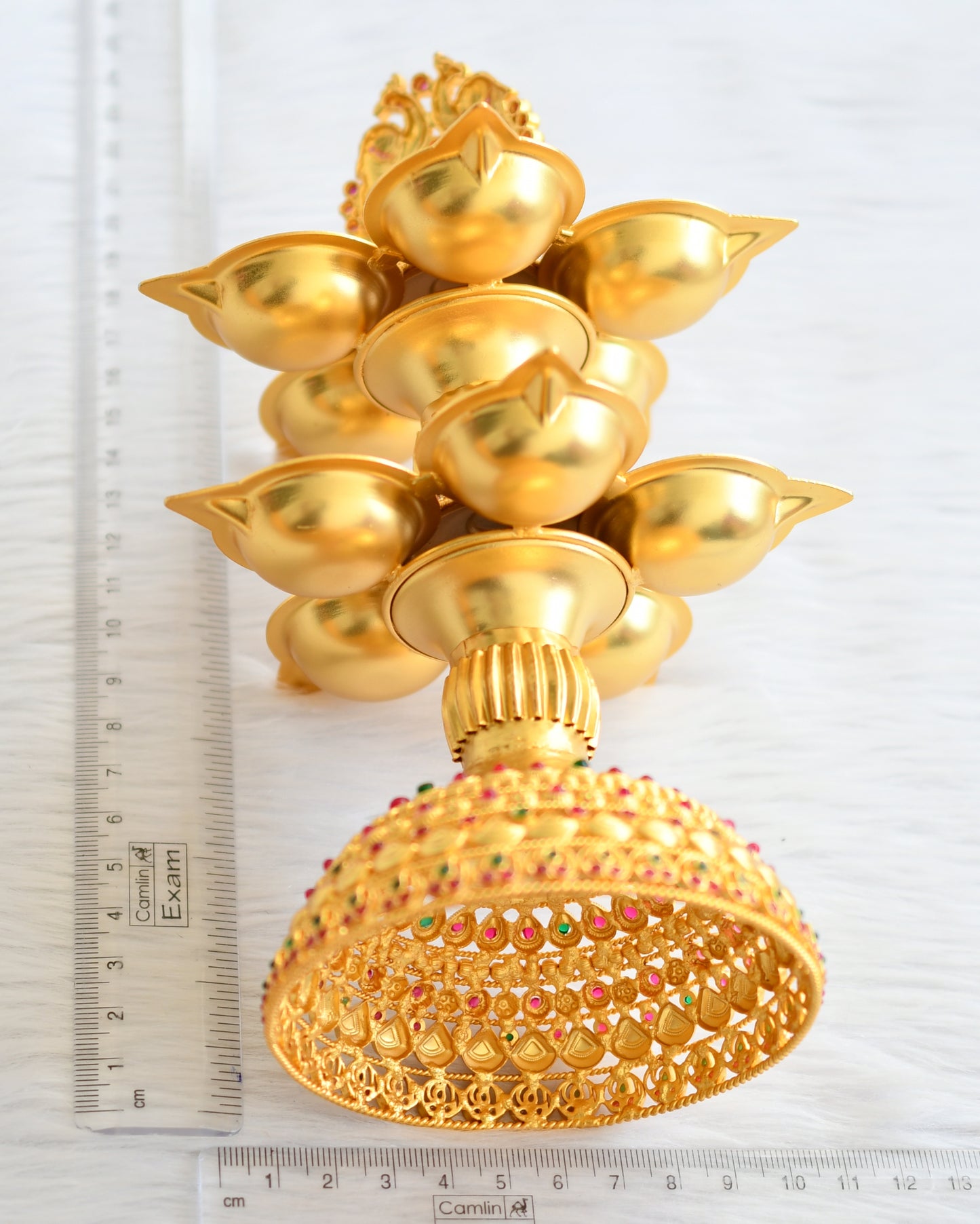Matte finish ruby-emerald stone peacock diya/deepam stand dj-44250