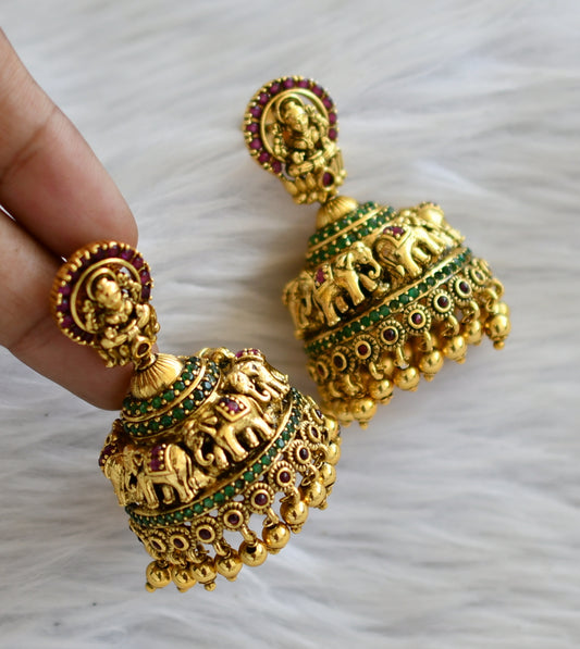 Antique gold tone ruby-green big lakshmi elephant jhumkka dj-46021