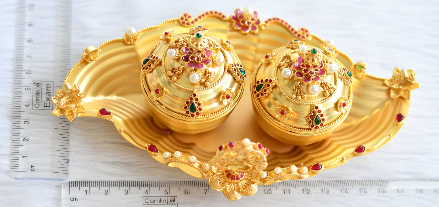 Matte gold tone kemp-green pearl lakshmi flower kumkum box dj-44251