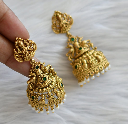 Antique gold tone green pearl lakshmi peacock jhumkka dj-46024