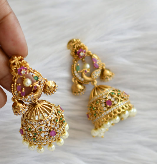 Matte finish ruby-green-white pearl peacock flower jhumkka dj-45020