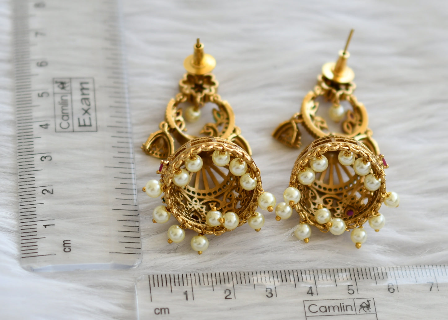 Matte finish ruby-green-white pearl peacock flower jhumkka dj-45020