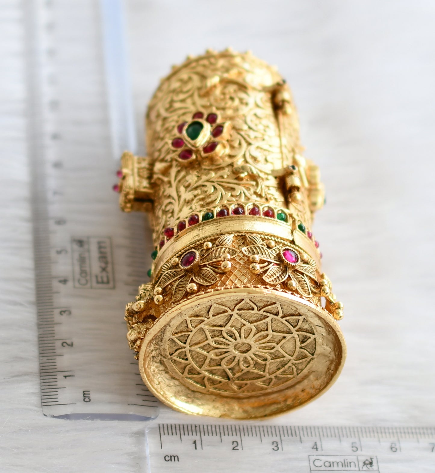 Antique gold tone kemp-green ram-parivar kumkum box dj-44260