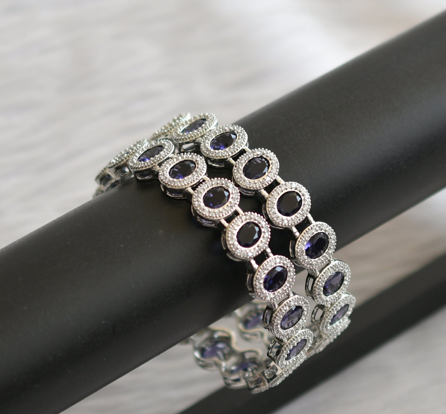 Silver tone cz purple-white oval stone bangles(2.8) dj-46041