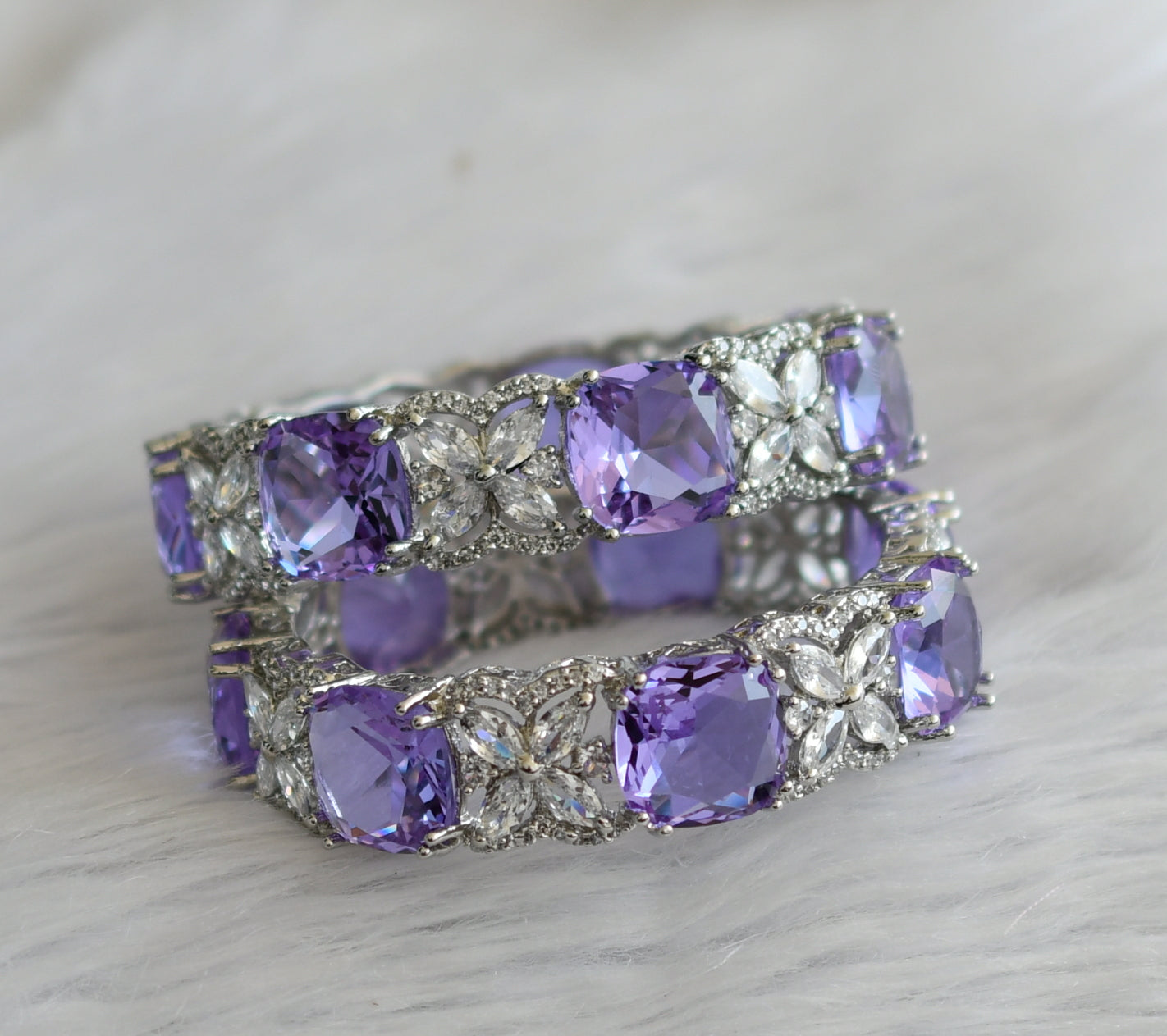 Silver tone cz purple-white square stone bangles(2.4) dj-46045