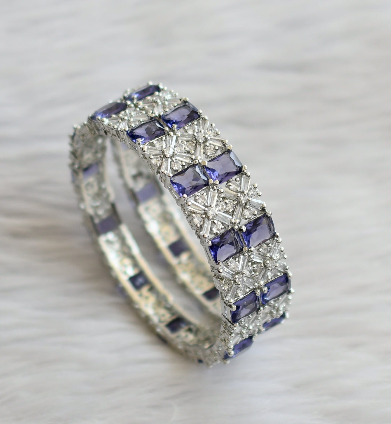 Silver tone cz purple-white block stone bangles(2.4) dj-46042
