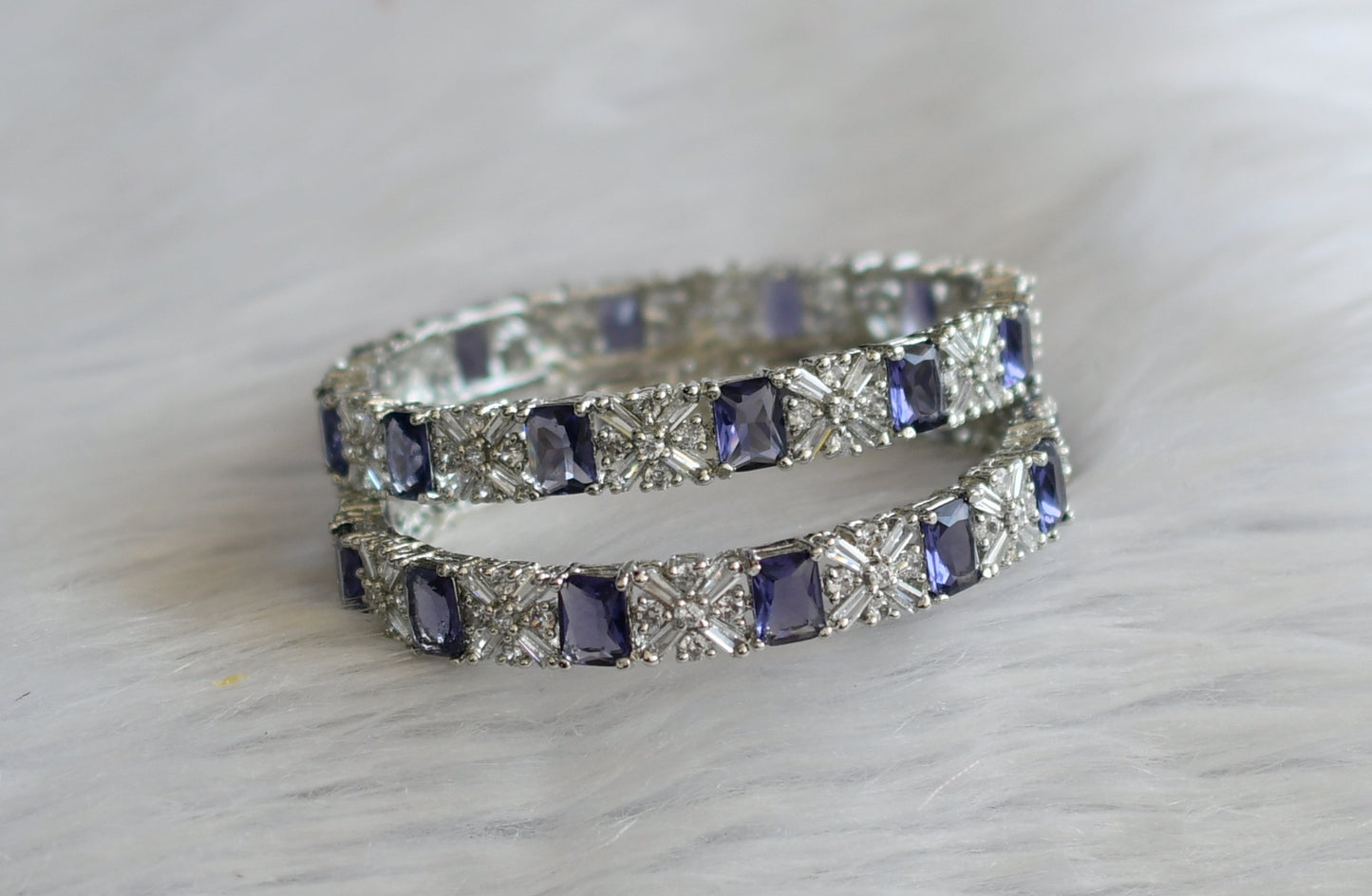 Silver tone cz purple-white block stone bangles(2.4) dj-46042