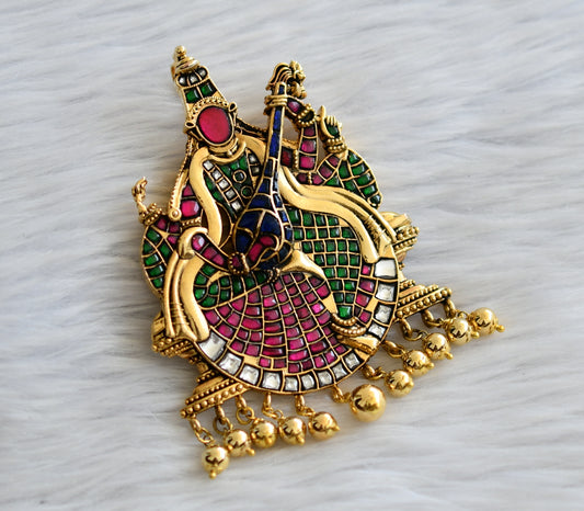 Antique gold tone pink-green-blue-white ma saraswathi kundan jadau pendant dj-46031