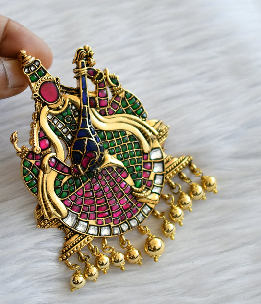 Antique gold tone pink-green-blue-white ma saraswathi kundan jadau pendant dj-46031