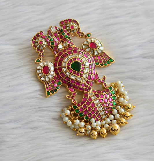 Gold tone pink-green-white pearl kundan jadau big ganda-berunda pendant dj-46028