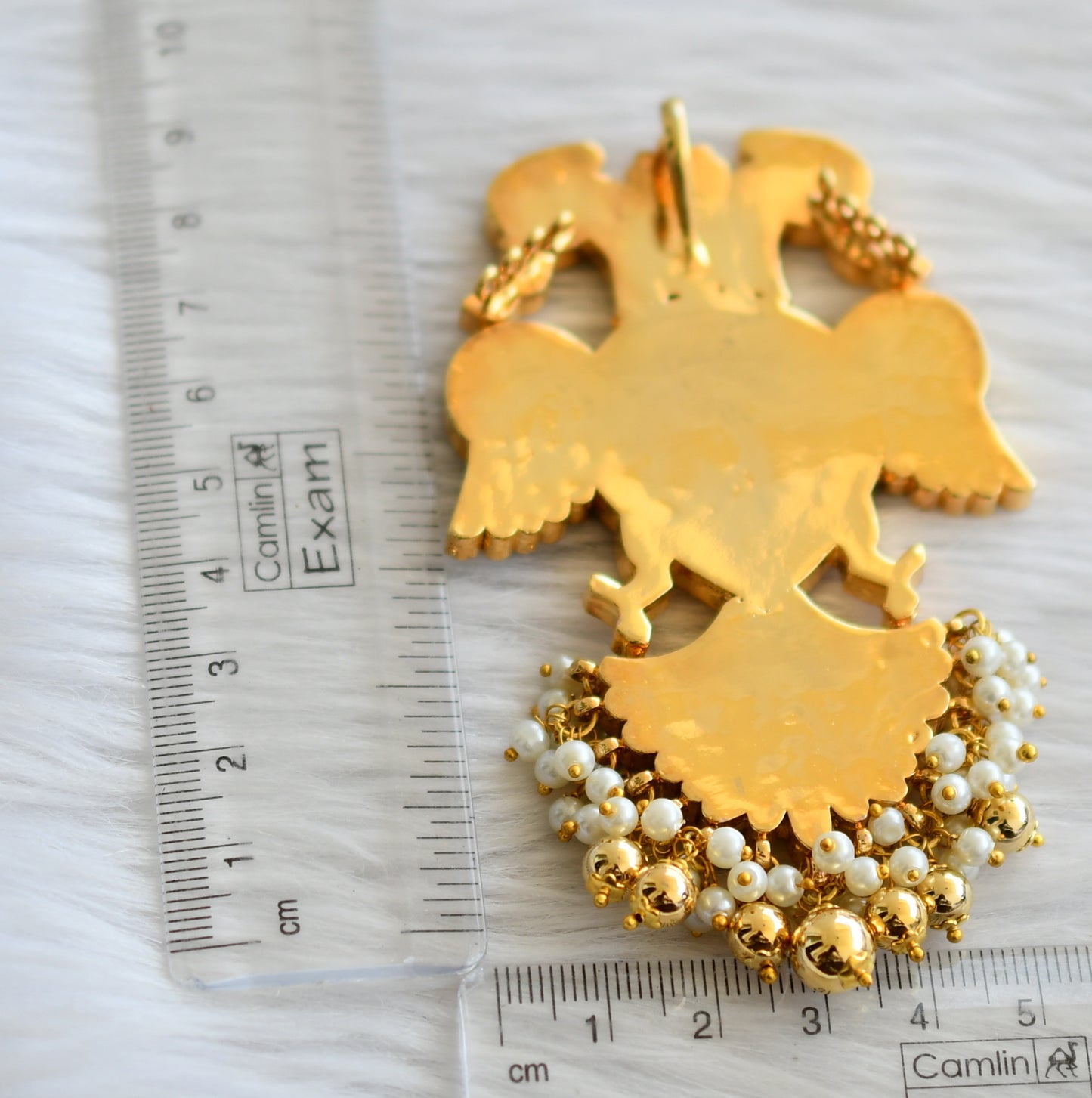 Gold tone pink-green-white pearl kundan jadau big ganda-berunda pendant dj-46028