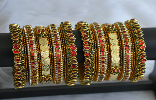 Gold tone silk thread red-green-white kundan lotus lakshmi coin bangles(2.4) dj-46566