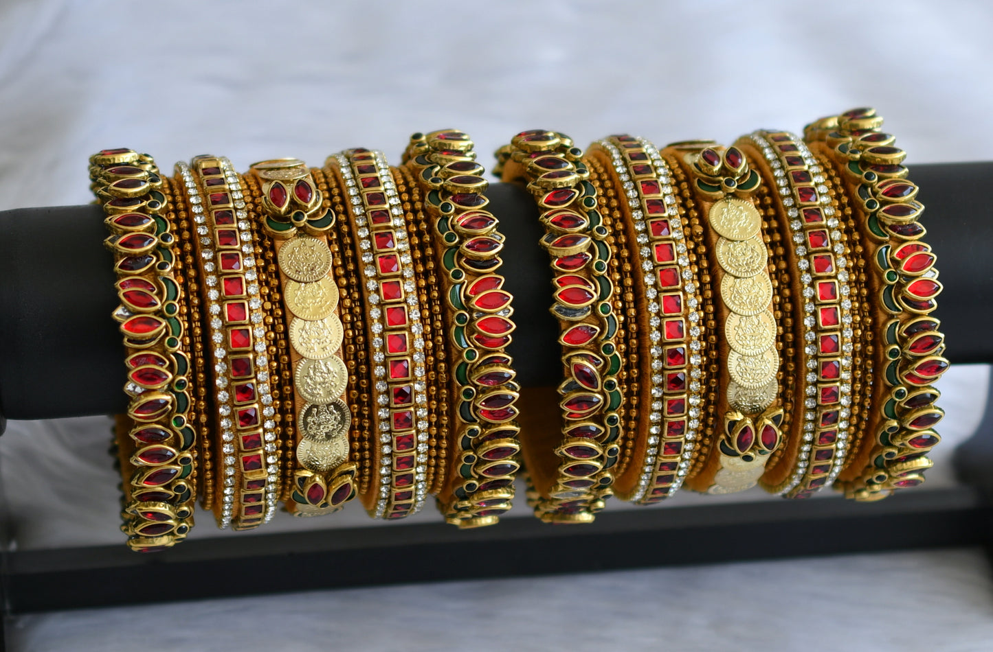 Gold tone silk thread red-green-white kundan lotus lakshmi coin bangles(2.8) dj-46567