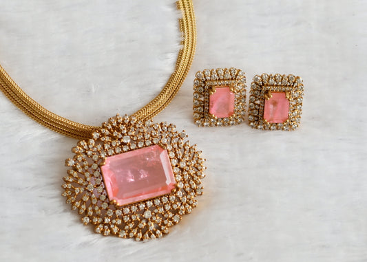 Matte finish cz-peach pink block stone necklace set dj-49480