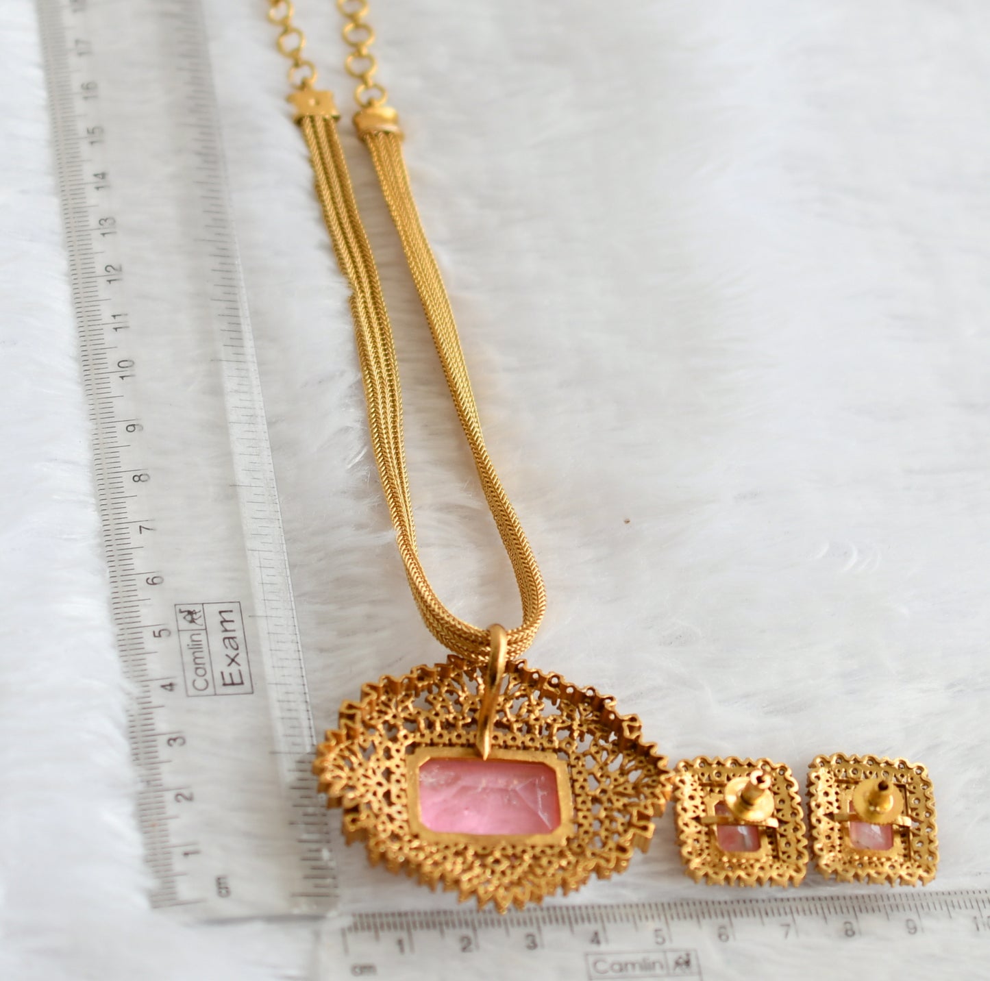 Matte finish cz-peach pink block stone necklace set dj-49480