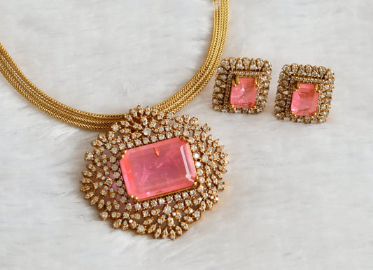 Matte finish cz-candy pink block stone necklace set dj-49476
