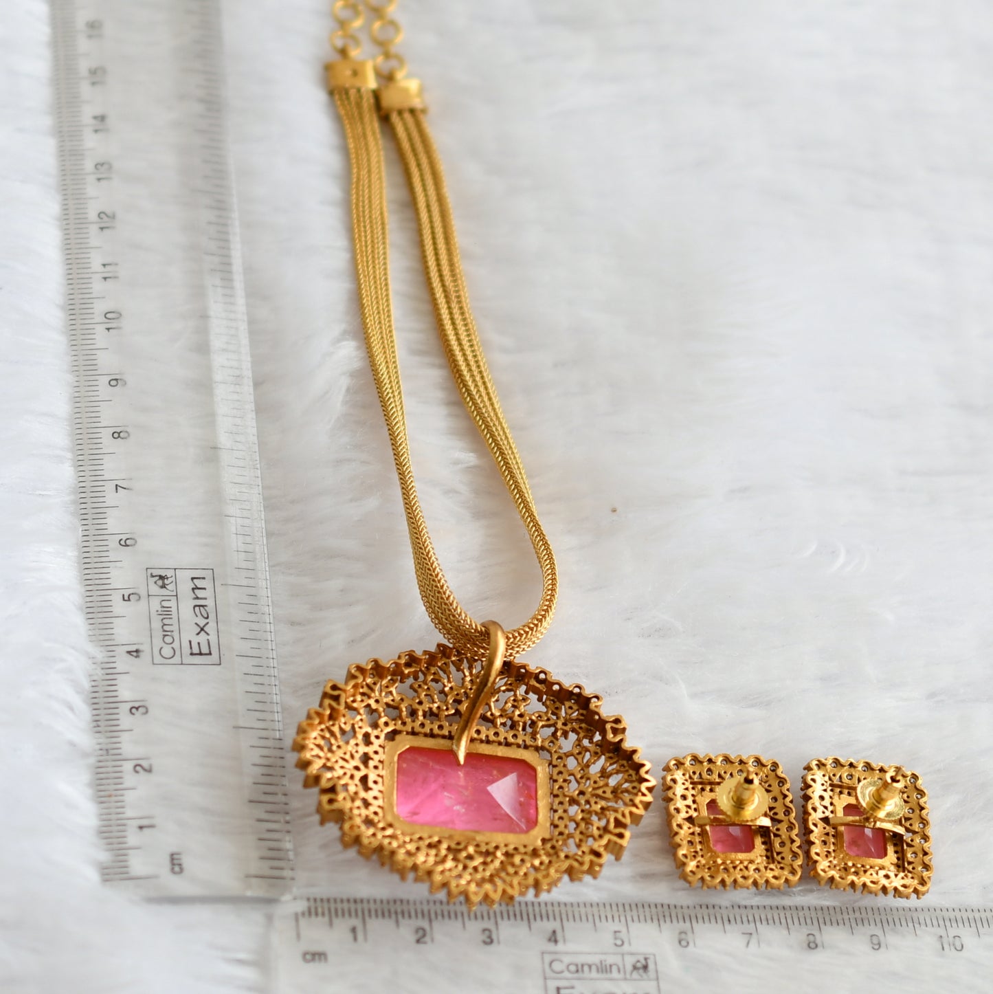 Matte finish cz-candy pink block stone necklace set dj-49476
