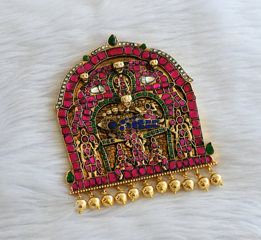 Gold tone pink-green-blue-white kundan jadau sri ranganathar pendant dj-46030